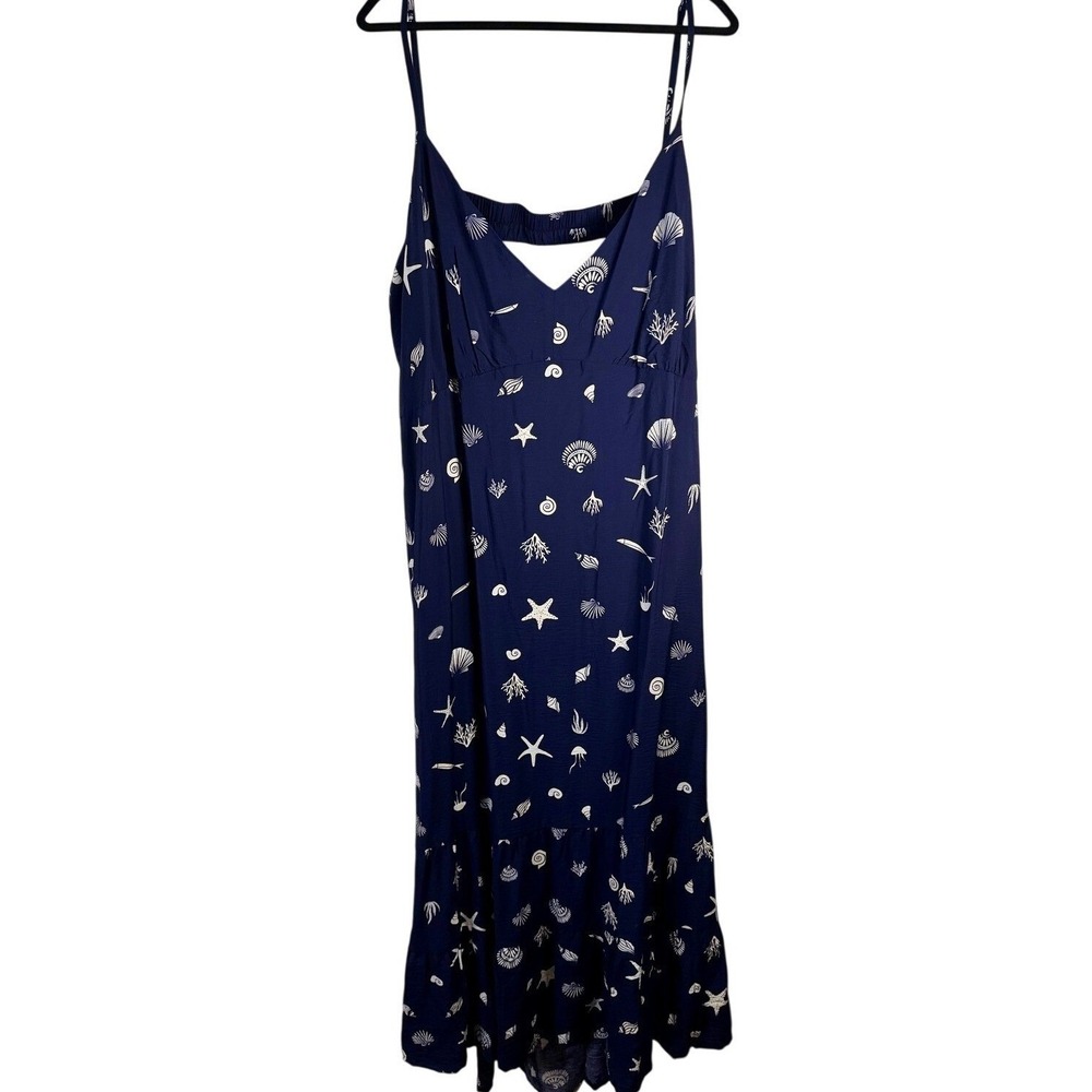 Target Midi Dress Women XL Navy Blue Seashell Starfish Print Open Back Tiered